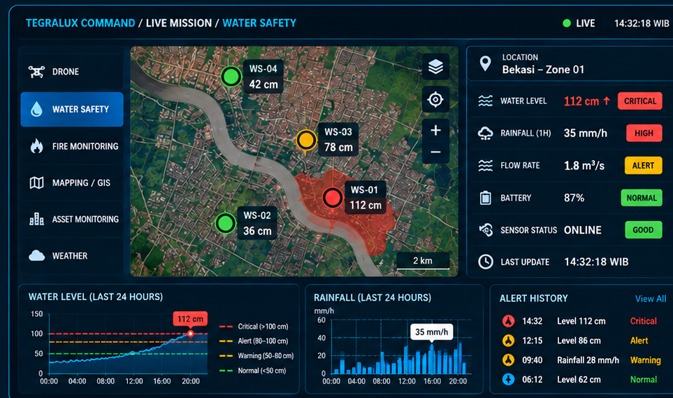 Tegralux Water Safety Monitoring command dashboard